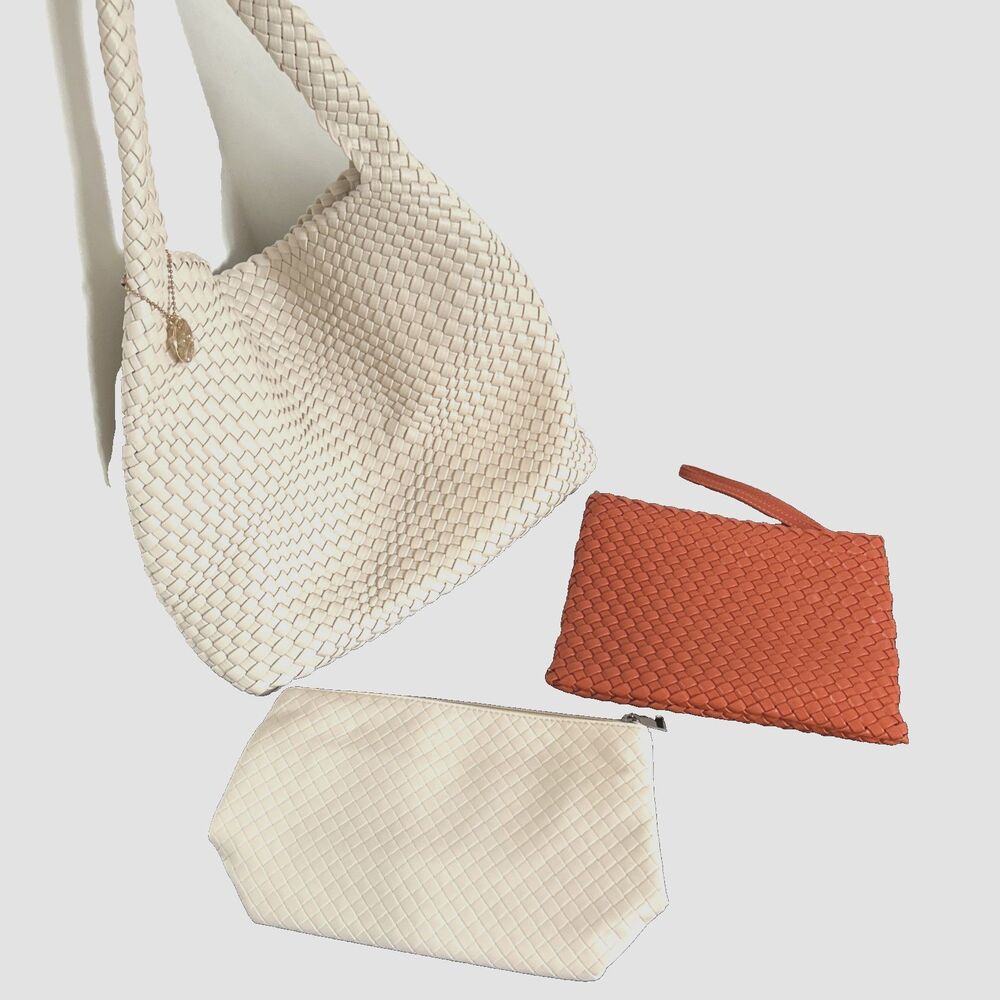 PS Petite Simone LOT 3 Purses Large Woven Tote Bag Braided w/Clutch & Rust Bag